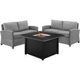 Bradenton 3 Piece Outdoor Loveseat & Fire Table Set in Gray Resin Wicker & Gray Cushions