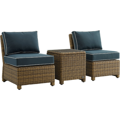 Bradenton 3 Piece Outdoor Armless Chair Set in Resin Wicker & Navy Blue Fabric