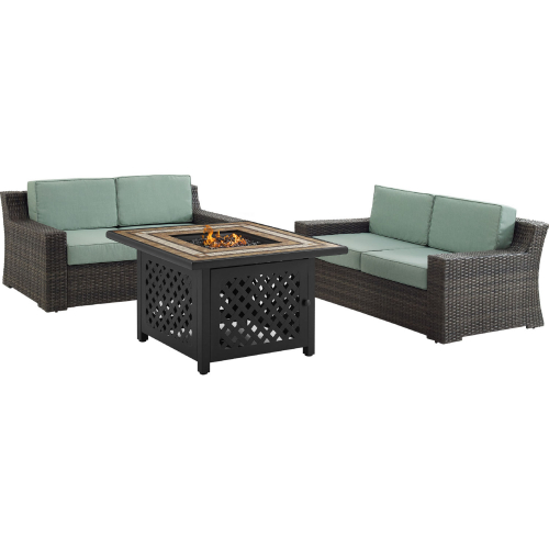 Beaufort Outdoor 2 Loveseat & Tucson Fire Table Set in Resin Wicker & Mist Fabric