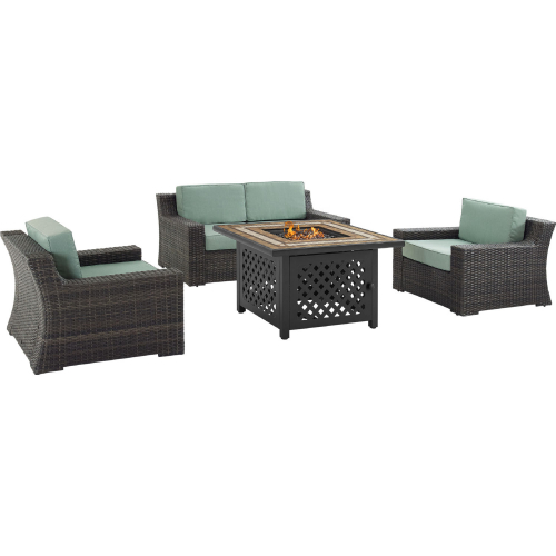 Beaufort Outdoor Loveseat, 2 Chair & Tucson Fire Table Set in Resin Wicker & Mist Fabric