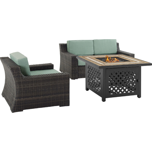 Beaufort Outdoor Loveseat, Chair & Tucson Fire Table Set in Resin Wicker & Mist