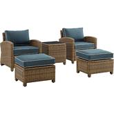 Bradenton 5 Piece Outdoor Arm Chair Set in Resin Wicker & Navy Blue Cushions