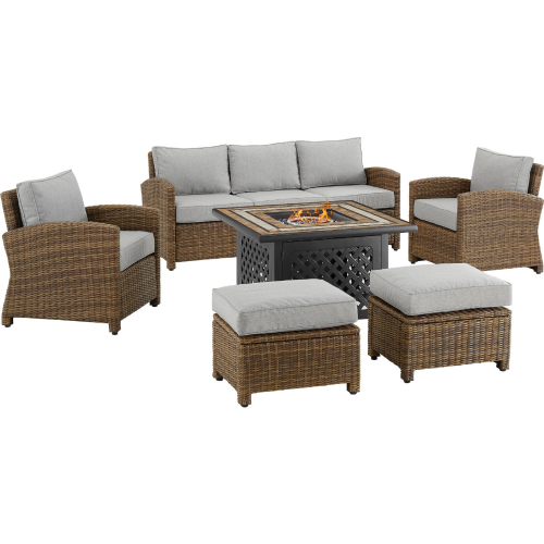 Bradenton 6 Piece Outdoor Sofa & Fire Table Set in Resin Wicker & Gray Cushions