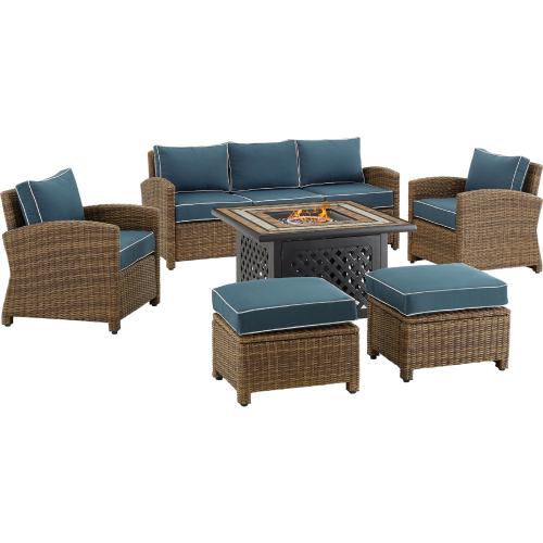 Bradenton 6 Piece Outdoor Sofa & Fire Table Set in Resin Wicker & Navy Blue Cushions