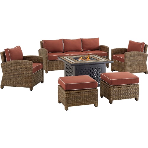 Bradenton 6 Piece Outdoor Sofa & Fire Table Set in Resin Wicker & Sangria Cushions