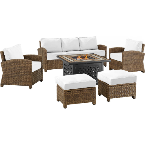 Bradenton 6 PC Outdoor Sofa Set & Fire Table in Resin Wicker & White Sunbrella