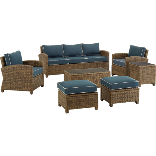 Bradenton 7 Piece Outdoor Sofa Set in Resin Wicker & Navy Blue Cushions