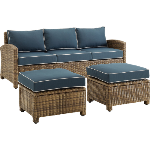 Bradenton 3 Piece Outdoor Sofa Set in Resin Wicker & Navy Blue Cushions