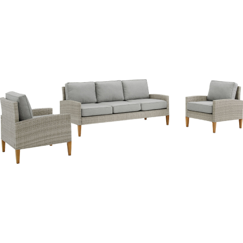 Capella 3 Piece Outdoor Sofa Set in Gray Resin Wicker & Acorn Steel