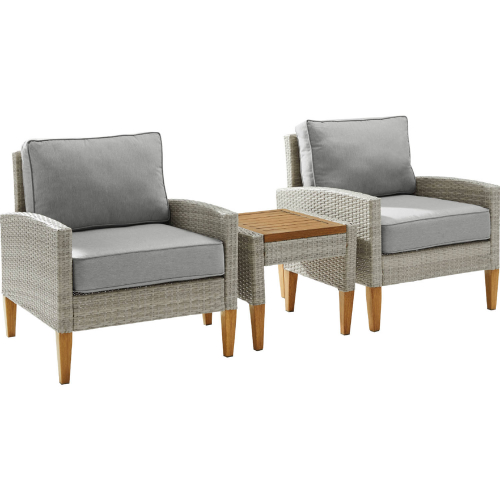 Capella 3 Piece Outdoor Accent Chair Set in Resin Wicker, Acorn Steel & Gray Fabric