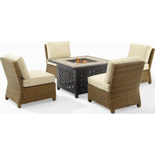 Bradenton 5 Piece Outdoor Armless Chair & Fire Table Set in Resin Wicker & Sand