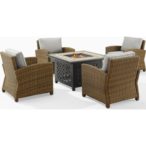 Bradenton 5 Piece Outdoor Arm Chair & Fire Table Set in Resin Wicker & Gray Fabric