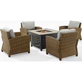 Bradenton 5 Piece Outdoor Arm Chair & Fire Table Set in Resin Wicker & Gray Fabric