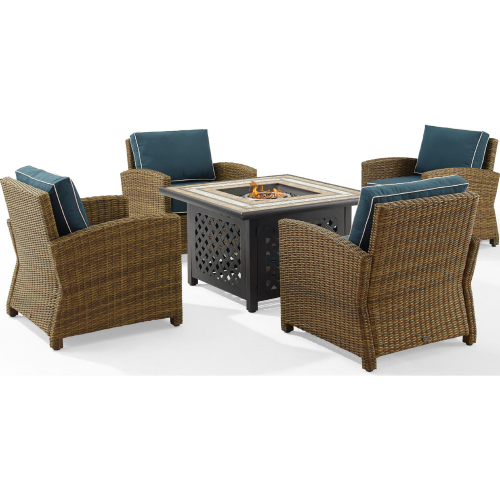 Bradenton 5 Piece Outdoor Arm Chair & Fire Table Set in Resin Wicker & Navy Blue