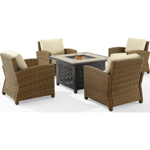 Bradenton 5 Piece Outdoor Arm Chair & Fire Table Set in Resin Wicker & Sand