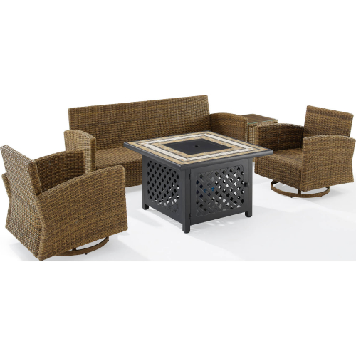 Bradenton 5 Piece Sofa & Tucson Fire Table Set in Resin Wicker & Gray Fabric