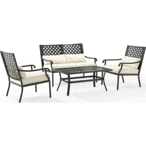 Alistair 4 Piece Outdoor Loveseat Set in Creme Fabric & Black Metal