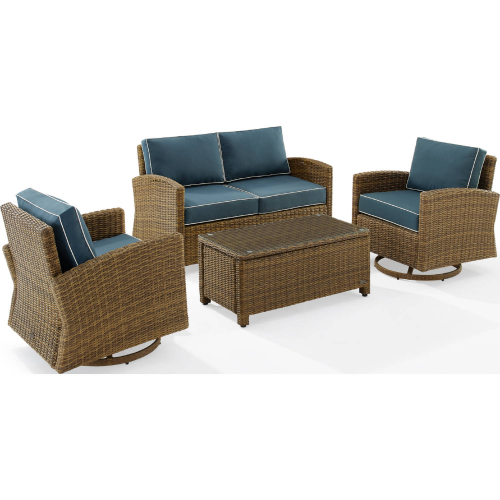 Bradenton 4 Piece Outdoor Sofa Set in Resin Wicker & Navy Blue Fabric