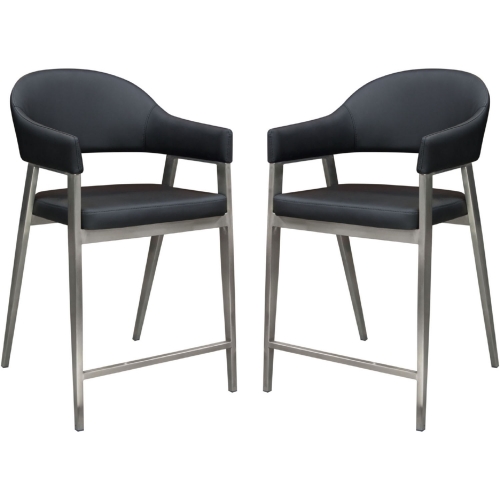 Adele Counter Chair Stool in Black Leatherette & Brushed Stainless Steel (Set of 2)