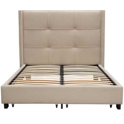 Beverly King Bed w/ Accent Wings & Storage in Tufted Sand Fabric