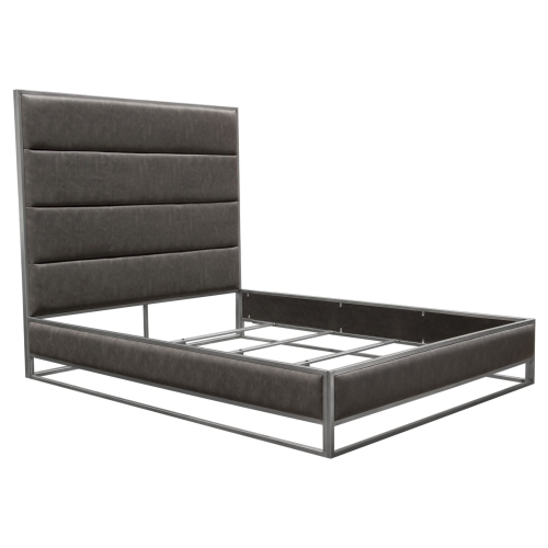 Empire King Bed in Weathered Grey Leatherette & Brushed Silver