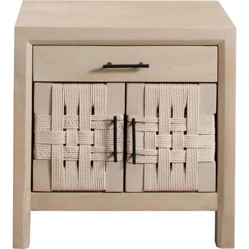 Palm 2 Door 1 Drawer End Table in Natural Finish Wood & Woven Rope