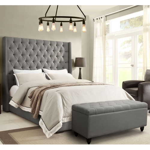 Park Avenue King Bed w/ Tall Diamond Tufted Headboard in Grey Linen