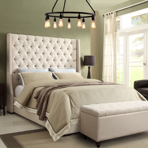 Park Avenue Queen Bed w/ Tall Diamond Tufted Headboard in Desert Sand Linen