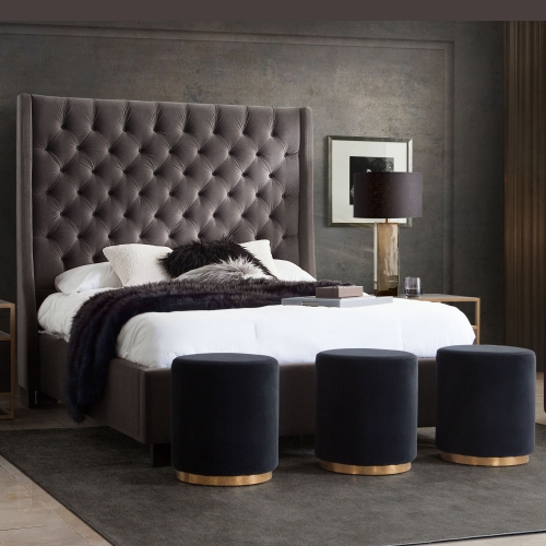 Park Avenue Queen Bed w/ Tall Diamond Tufted Headboard in Smoke Grey Velvet