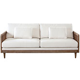 Piper Sofa in White Linen Fabric, Wood & Natural Rattan