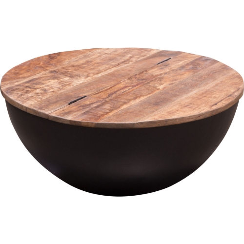 Salem Round Drum Storage Cocktail Table in Wood & Black Metal