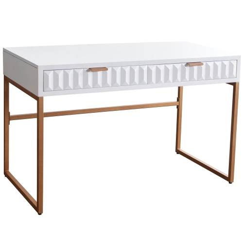 Spectrum 2 Drawer Desk in White Mango Wood & Gold Iron