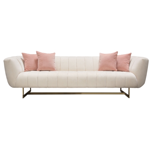 Venus Sofa in Channel Tufted Cream Fabric on Gold Metal Base