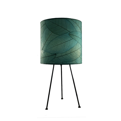 Metal Tripod Drum Table Lamp in Sea Blue Cocoa Leaves on Iron Tripod Base