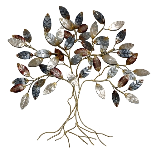 Cool Color Leafed Tree Wall Decor in Hand Painted Metal & Mother of Pearl