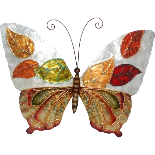 Butterfly Wall Decor w/ Multicolor Leaves Print Capiz Shell