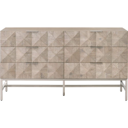 Atlas 6 Drawer Double Dresser in Sandblasted Gray Acacia & Brushed Stainless