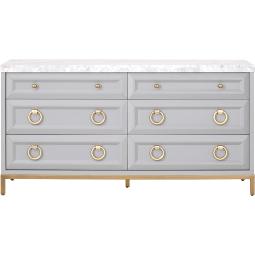 Azure 6 Drawer Double Dresser in Gray, White Carrera Marble & Gold