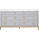 Azure 6 Drawer Double Dresser in Gray, White Carrera Marble & Gold