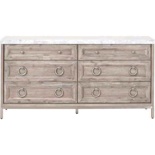 Azure 6 Drawer Double Dresser in Gray Wood, White Carrera Marble & Steel