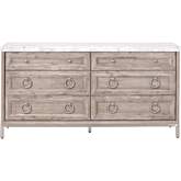 Azure 6 Drawer Double Dresser in Gray Wood, White Carrera Marble & Steel