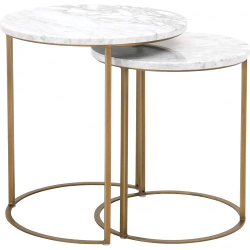 Carrera Nesting Table Set in White Marble on Brushed Gold