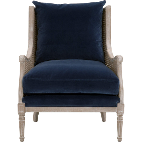 Churchill Club Chair in Denim Blue Velvet, Cane & Wood