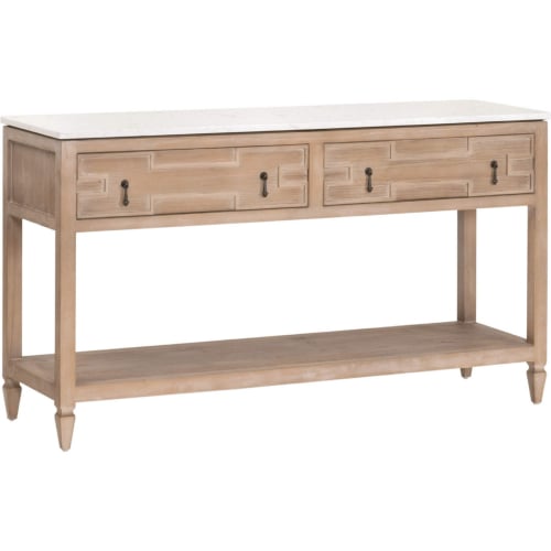 Emerie 2 Drawer Entry Console Table in Smoke Gray Wood & White Quartz