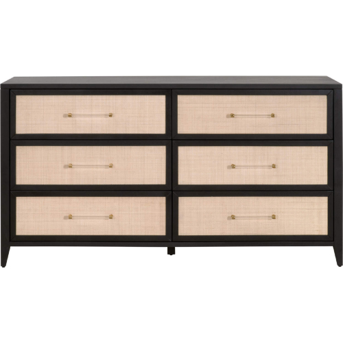 Holland 6 Drawer Double Dresser in Brushed Black Acacia & Natural Rattan