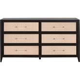 Holland 6 Drawer Double Dresser in Brushed Black Acacia & Natural Rattan