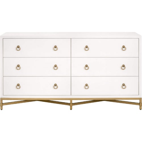 Strand 6 Drawer Double Dresser in Pearl White Faux Shagreen & Brushed Gold