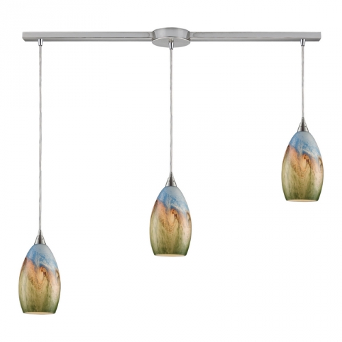 Geologic 3 Light Pendant Light in Satin Nickel with Multi Color Glass