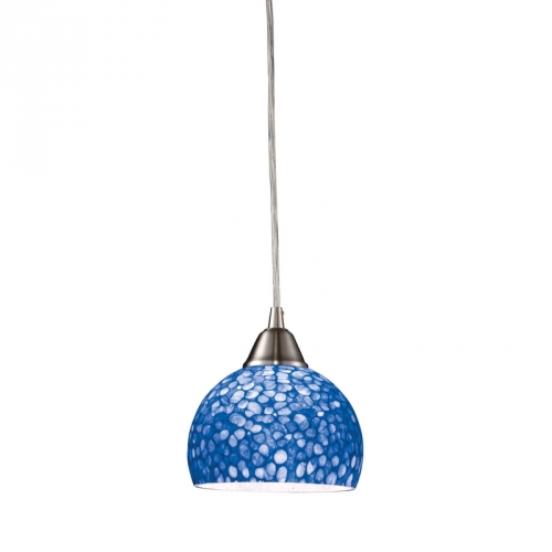 Cira 1 Light Pendant Light in Satin Nickel w/ Pebbled Blue Glass