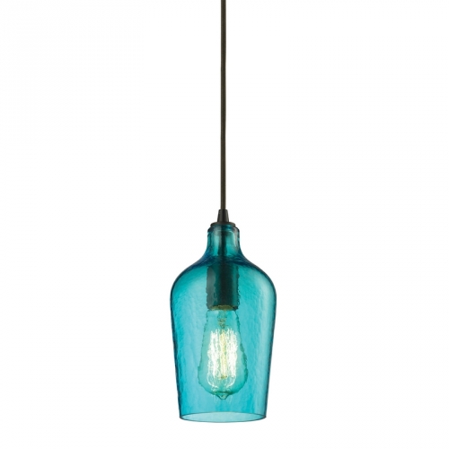 1 Light Mini Pendant Light in Oil Rubbed Bronze w/ Hammered Aqua Glass